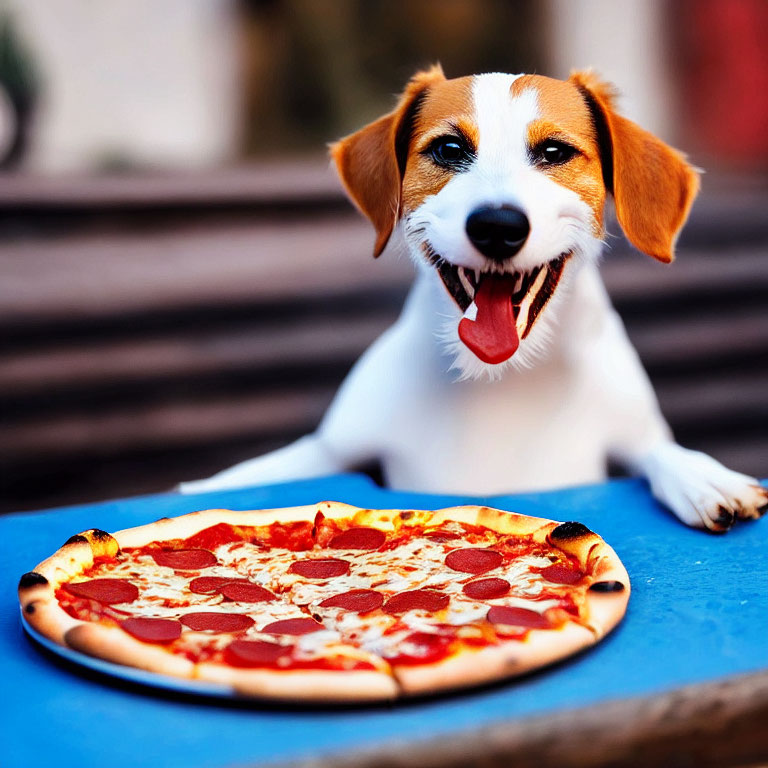 Jack Russell Terrier with pepperoni pizza on blue surface