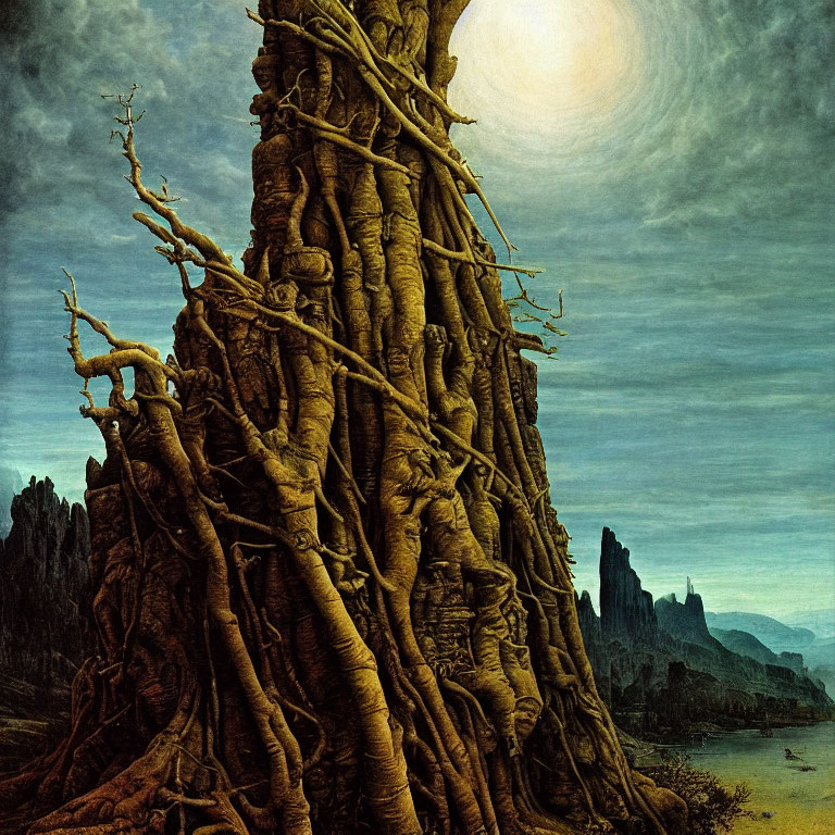 Barren tree in eerie moonlit landscape with rocky mountains