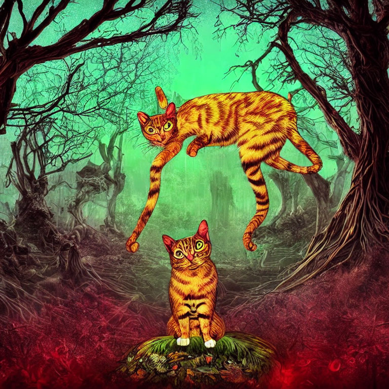 Two large-eyed cats in mystical forest with twisted trees under green sky.
