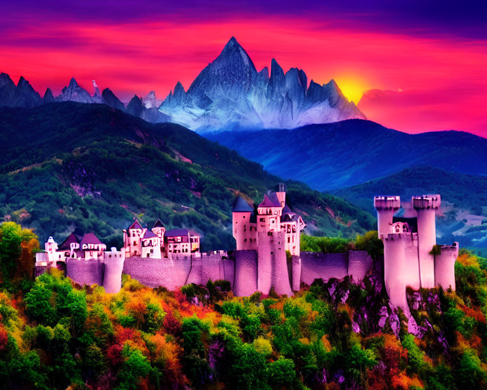 Majestic castle and snow-capped mountains under fiery sunset