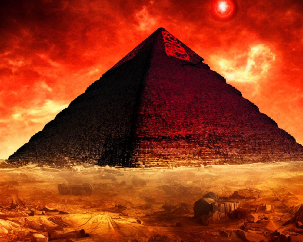 Majestic pyramid under red sky in ancient desert landscape