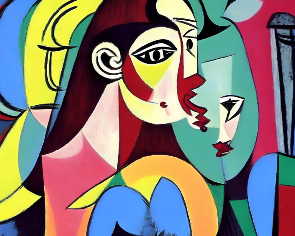 Vibrant abstract painting of fragmented female portrait