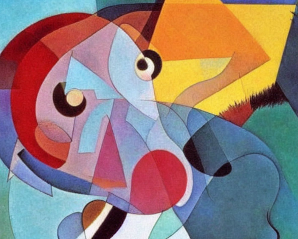 Colorful Cubist Painting with Geometric Shapes and Fragmented Figure