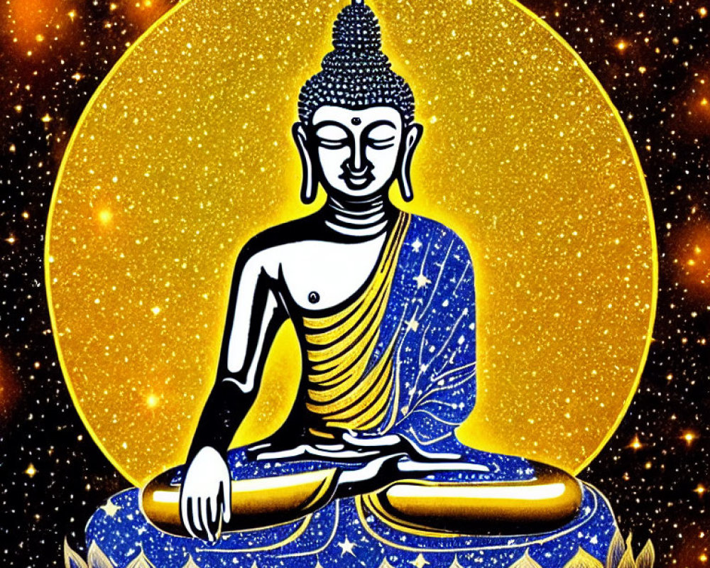 Meditating Buddha in Blue Robe with Golden Halo
