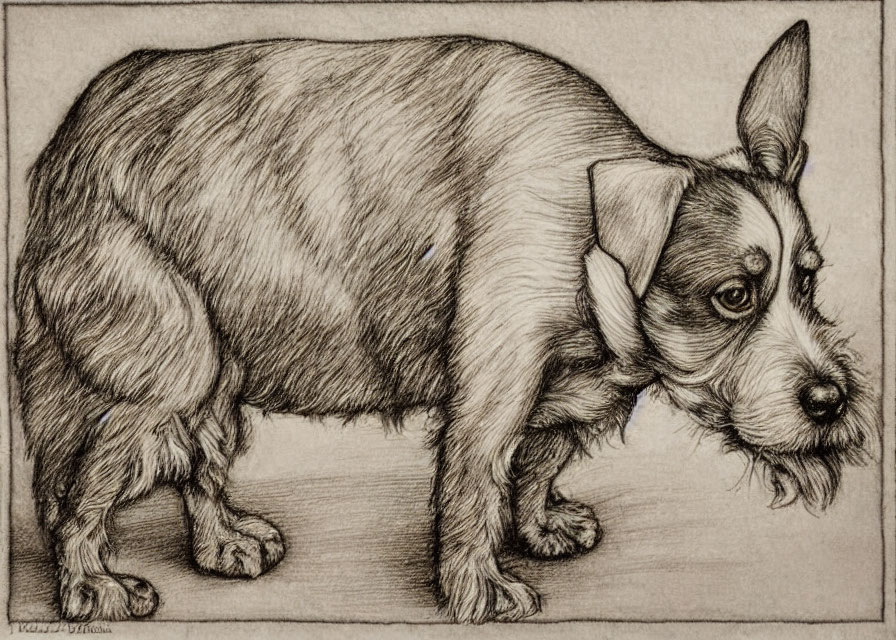 Detailed sketch of a dog with rich fur, standing sideways with perked ear.