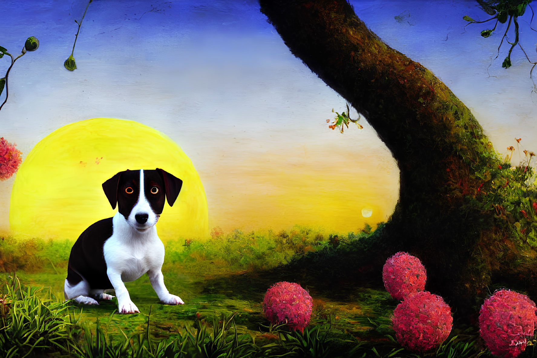 Black and white dog sitting on grass under yellow sun near tree with fruits and pink flowers
