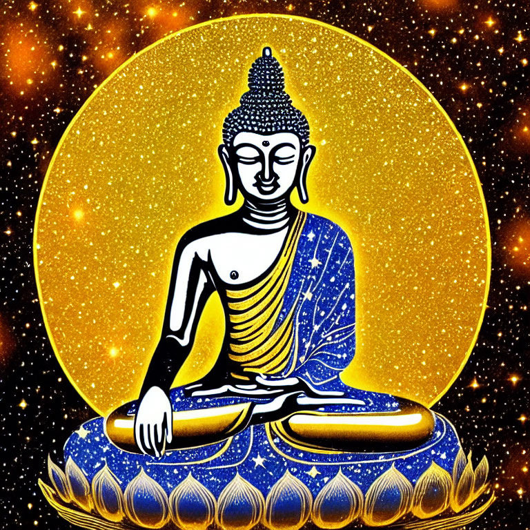 Meditating Buddha in Blue Robe with Golden Halo