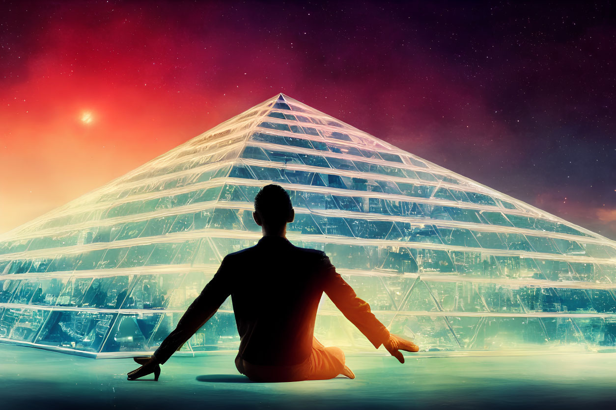 Person meditates by glowing pyramid under starry sky