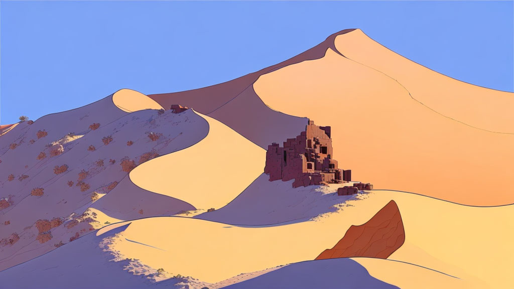 Digital illustration of desert sand dunes with ancient building