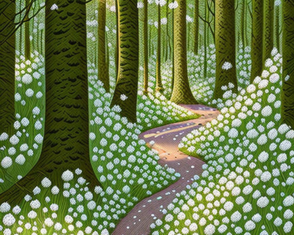 Sunlit Forest Path with White Flowers and Tall Trees