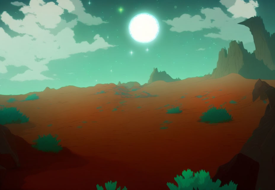 Desert landscape with green moon, rocks, and vegetation