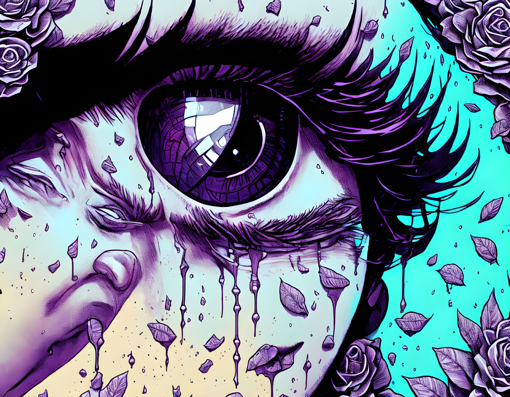 Intense gaze artwork with purple hues and roses, detailed eye and teardrops