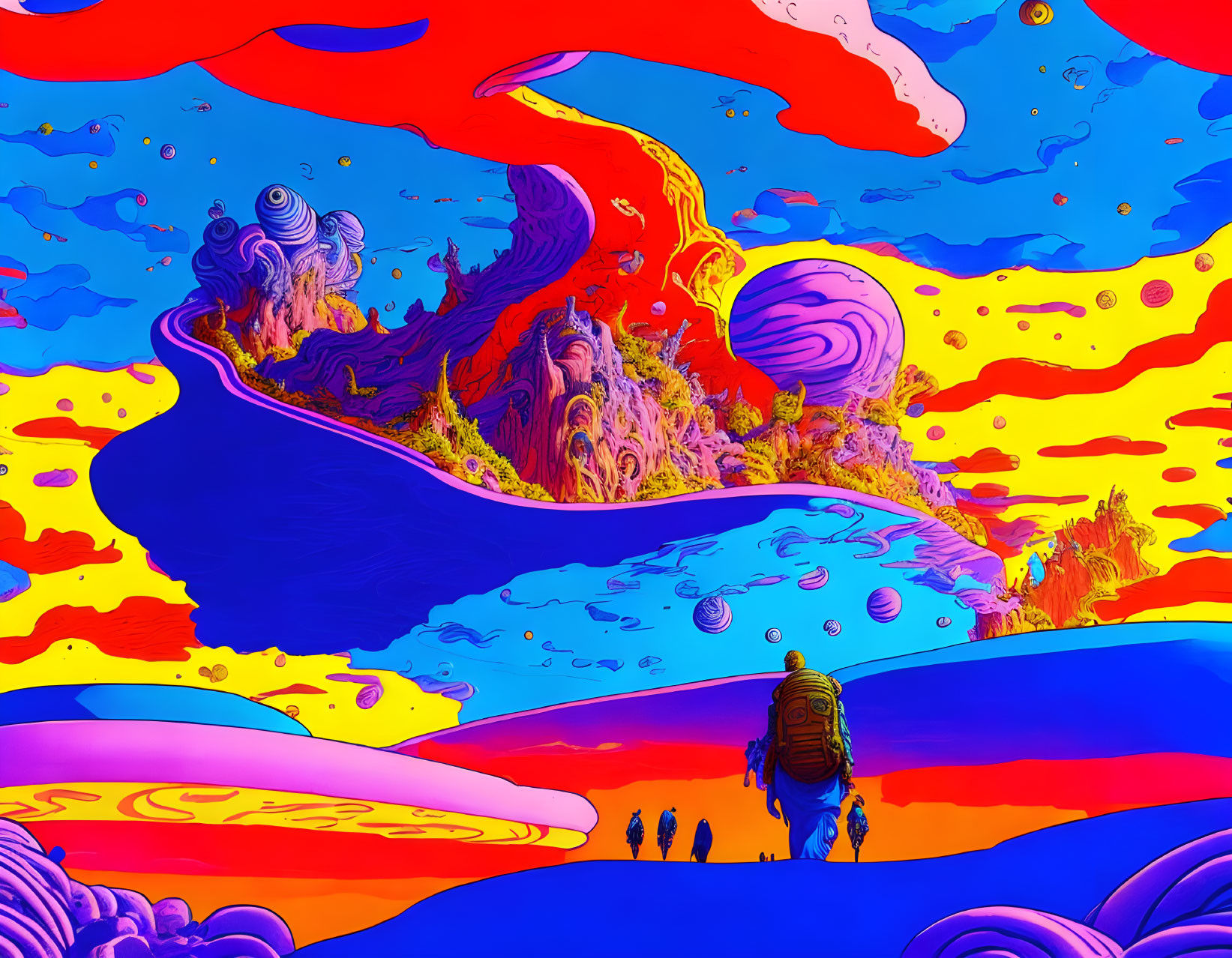Colorful Abstract Landscape with Psychedelic Shapes and Figures in Bold Sky
