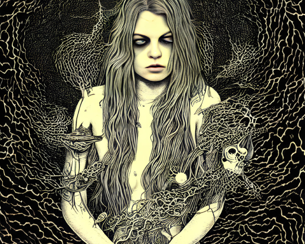 Monochromatic illustration of a somber woman holding a skull