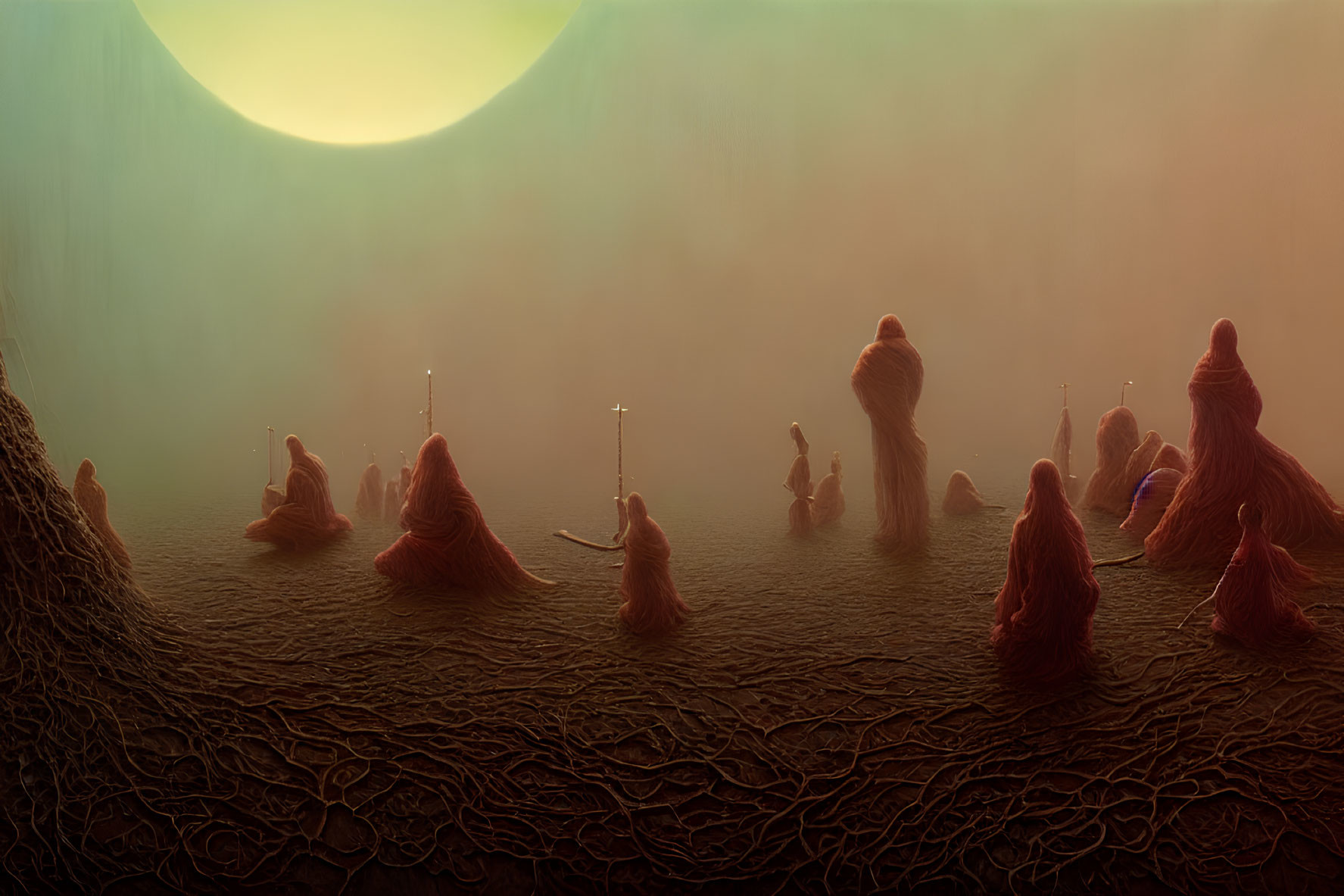 Ethereal landscape with humanoid figures in red cloaks under a yellow sun