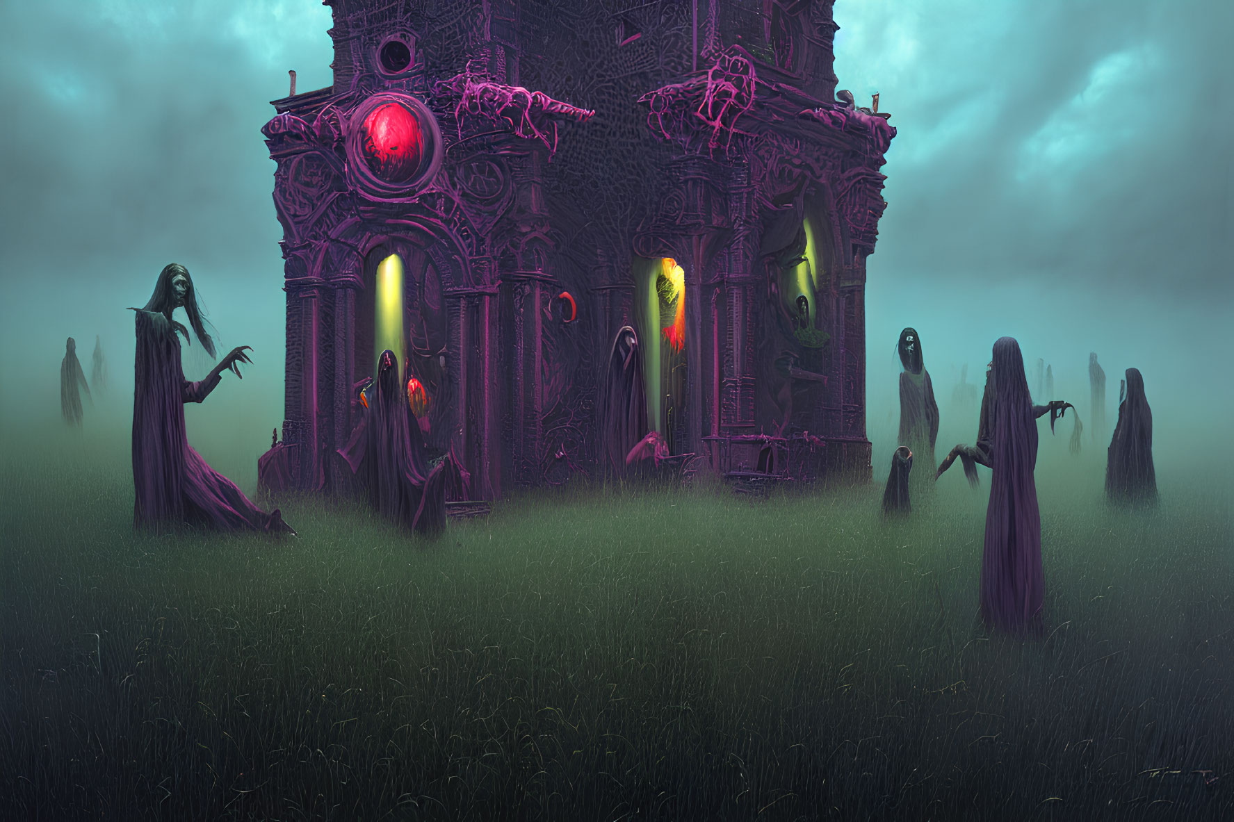 Gothic structure with spectral figures and red orbs in misty twilight