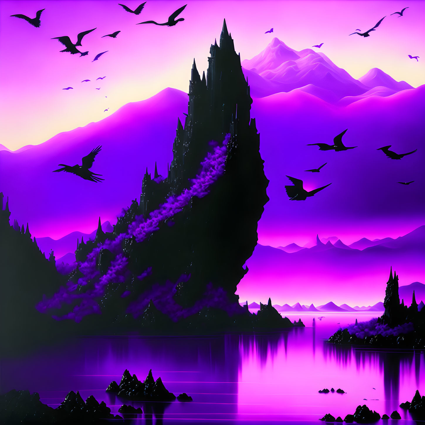 Purple Fantasy Landscape with Spire-like Mountain and Silhouetted Birds