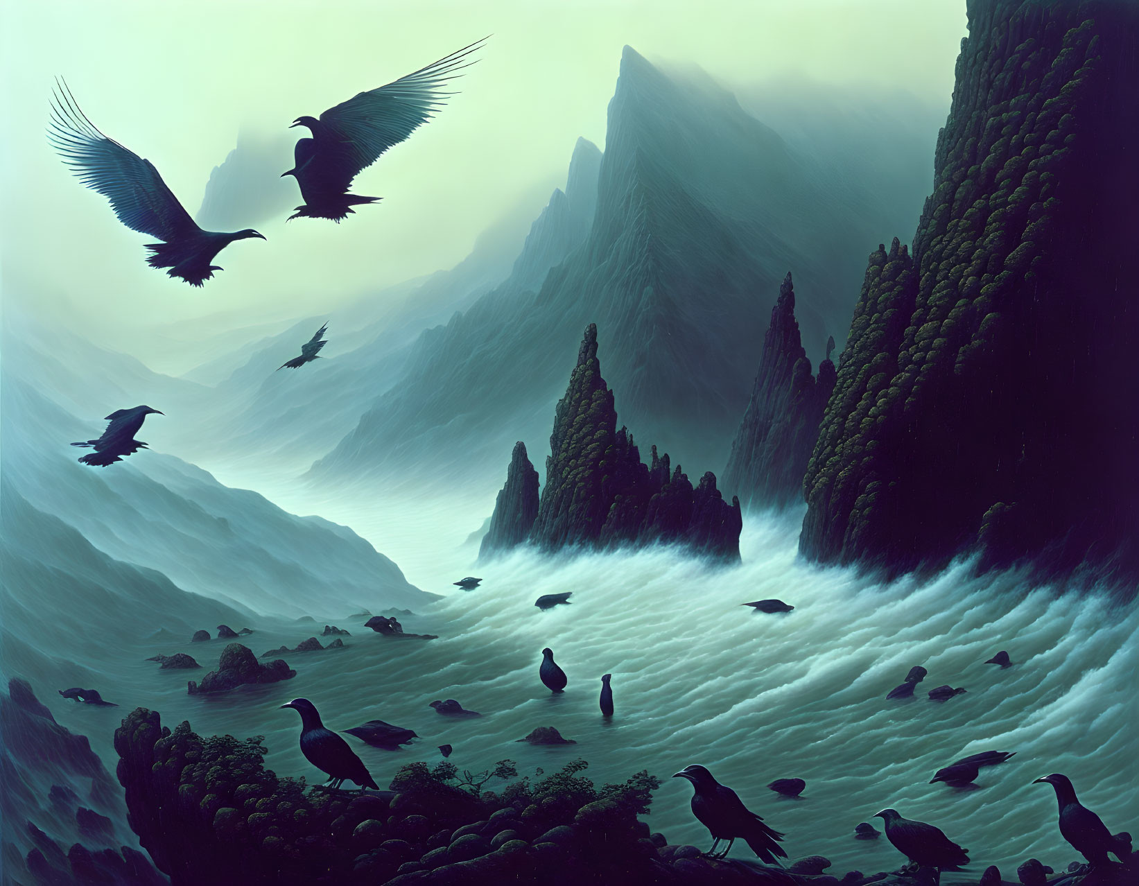 Mystical landscape featuring crows, misty mountains, rocky peaks, and river.