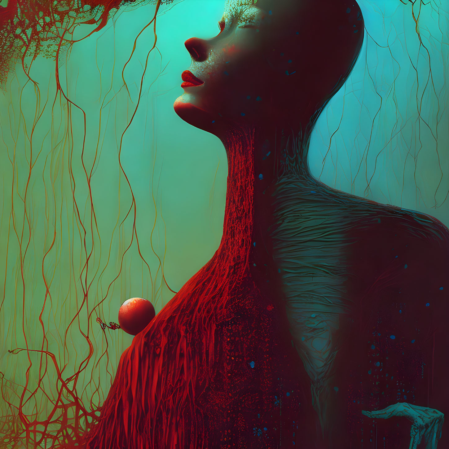 Surreal portrait featuring red textured neck, speckled skin, hanging roots, and orb.