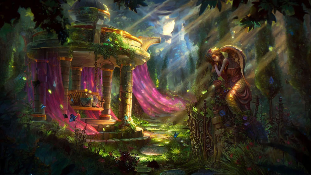 Enchanting forest glade with ancient ruins and mysterious figure in sunlight