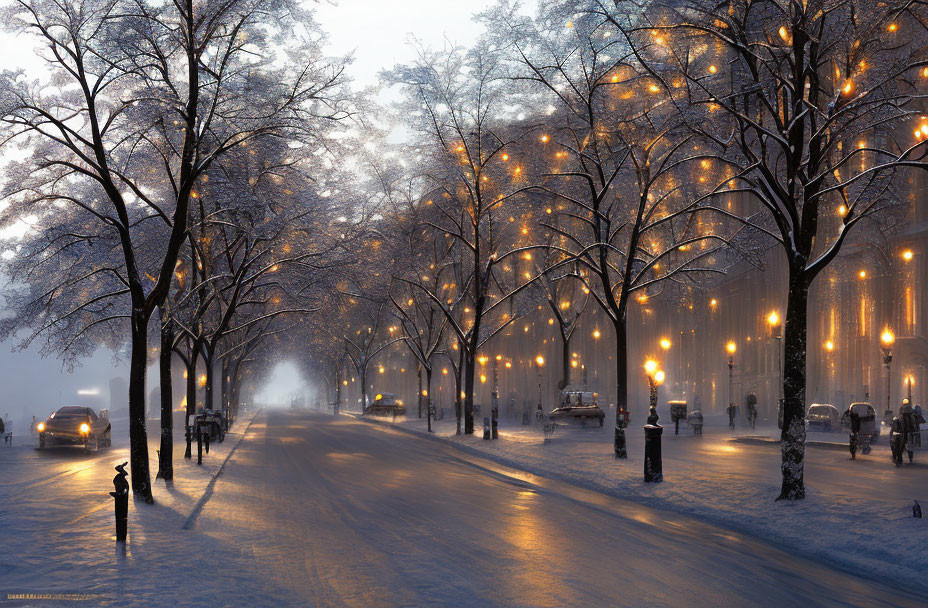 Snowy urban street at dusk with trees, lampposts, cars, and pedestrians