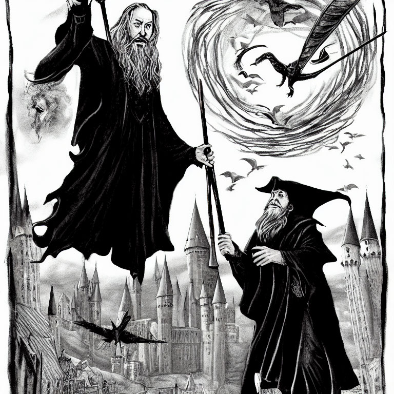 Fantasy artwork of two wizards with wands, castle, clouds, and flying creatures