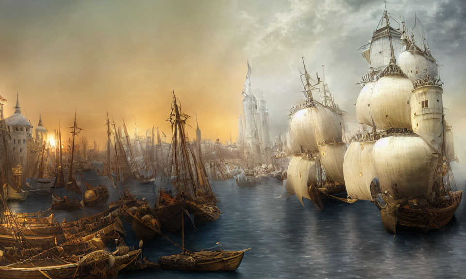 Various sizes of sailing ships at a fantasy-style port with ornate buildings under a golden sky