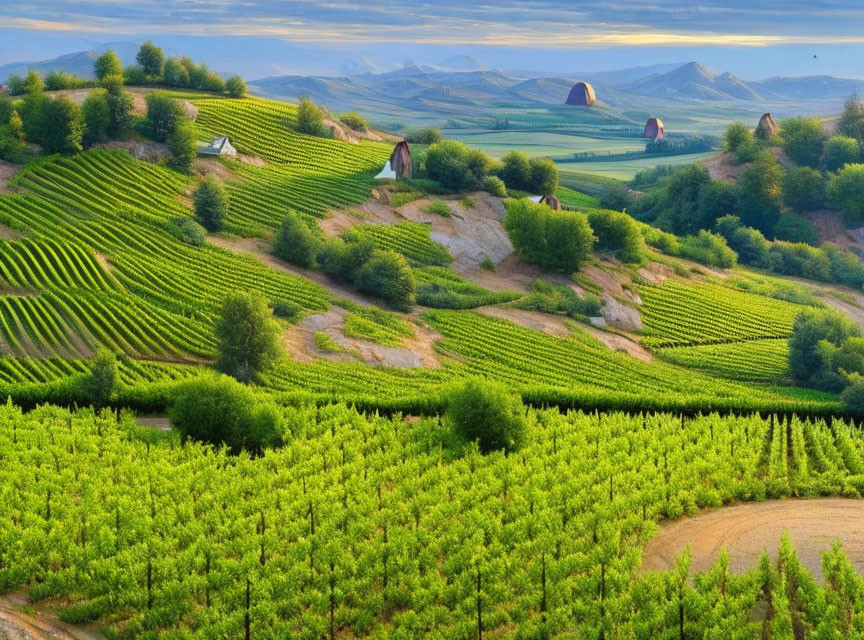 Scenic vineyard landscape with green hills and distant mountains
