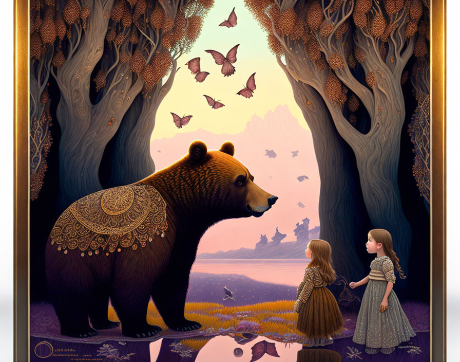 Young girl in dress encounters ornate bear in mystical forest with butterflies and water.
