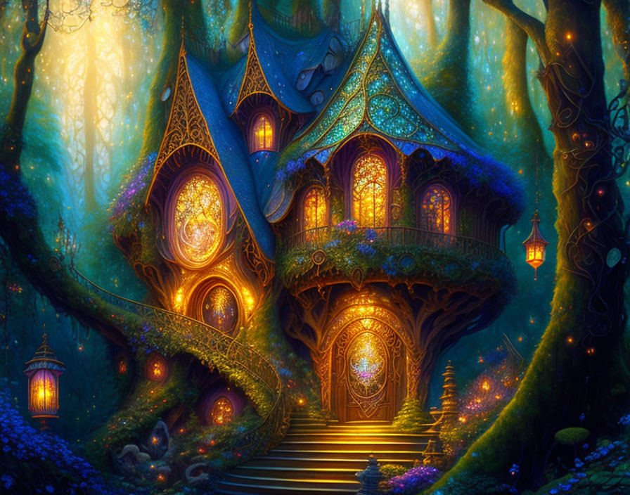 Glowing fairytale treehouse in mystical forest