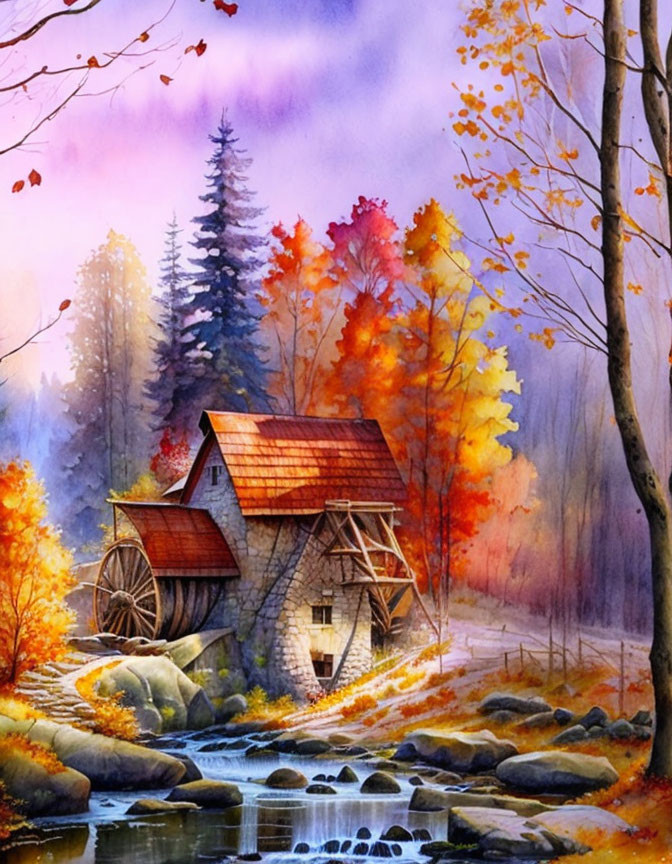 Tranquil watermill scene in vibrant autumn colors