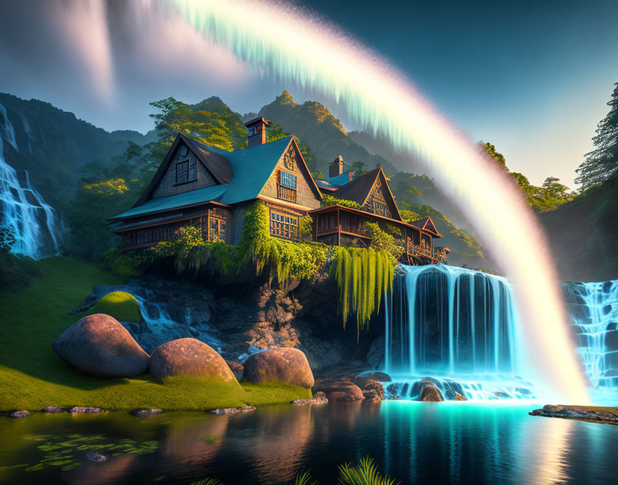 Scenic cabin by waterfall with northern lights in sky