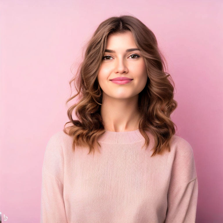 Smiling woman with wavy hair in pink sweater on pink background