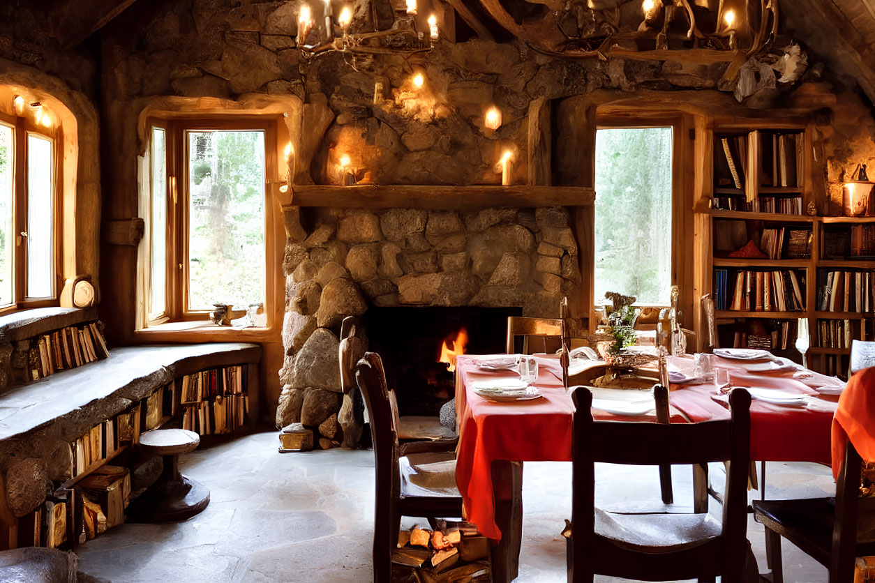Rustic dining room with stone fireplace, wooden beams, chandeliers, and set table