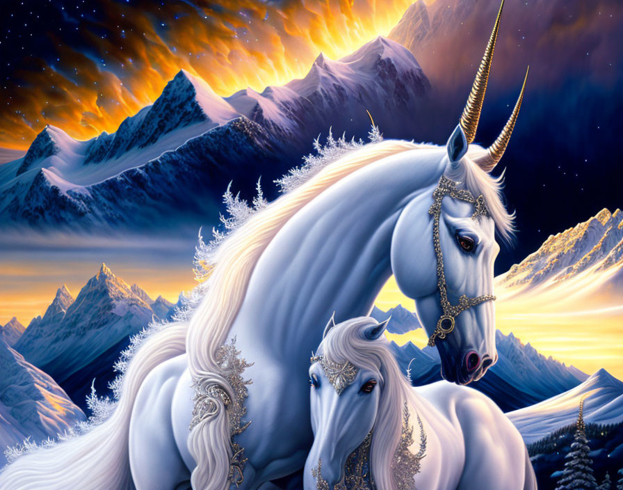 Majestic unicorns with flowing manes in front of dramatic mountain landscape