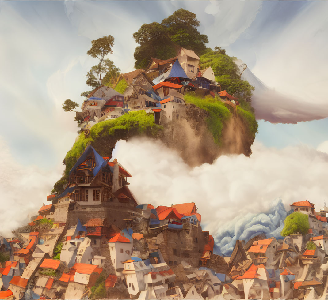 Whimsical floating island with cloud architecture & mountain backdrop