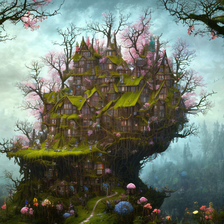 Enchanting forest scene with fantastical treehouse