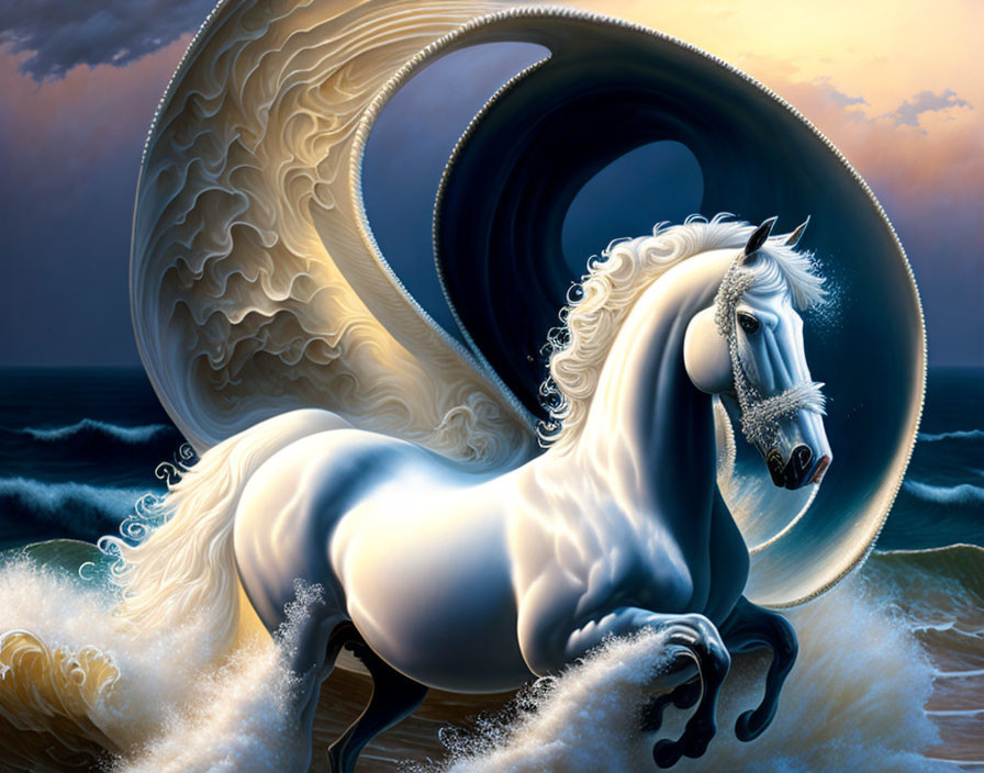 Majestic white horse with flowing mane in front of elaborate spiral wave at twilight