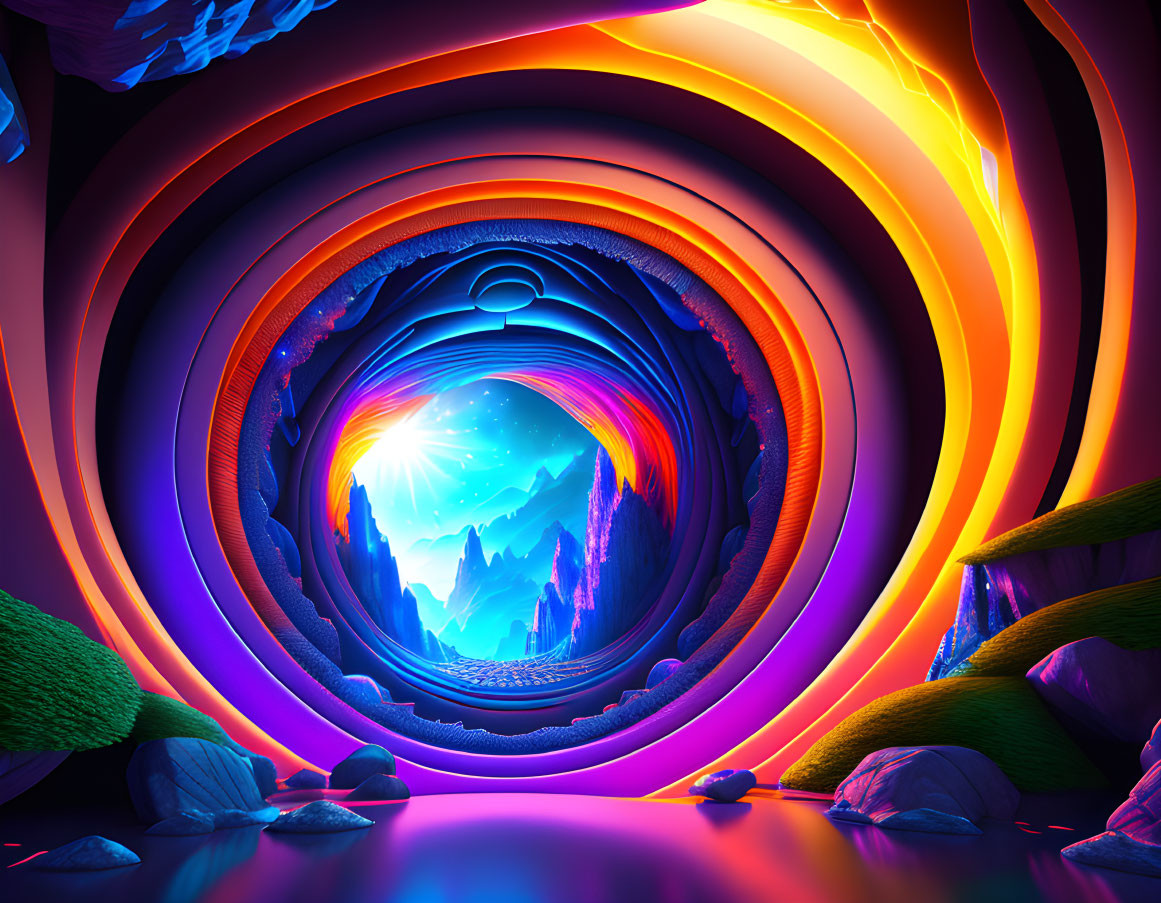 Surreal multicolored tunnel with luminous landscape scene