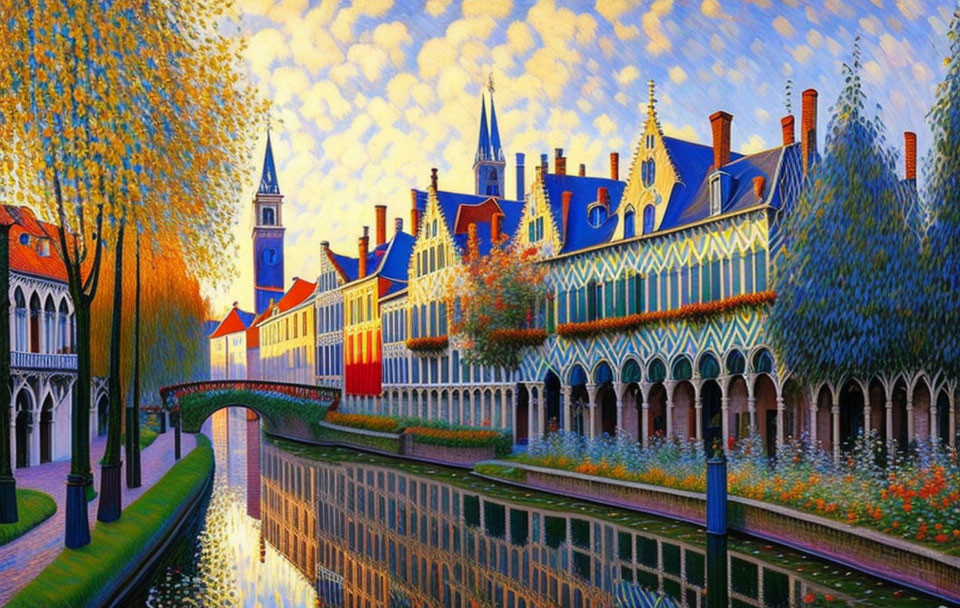 Colorful Pointillist Painting of European Town with Canal, Bridge, and Lush Trees