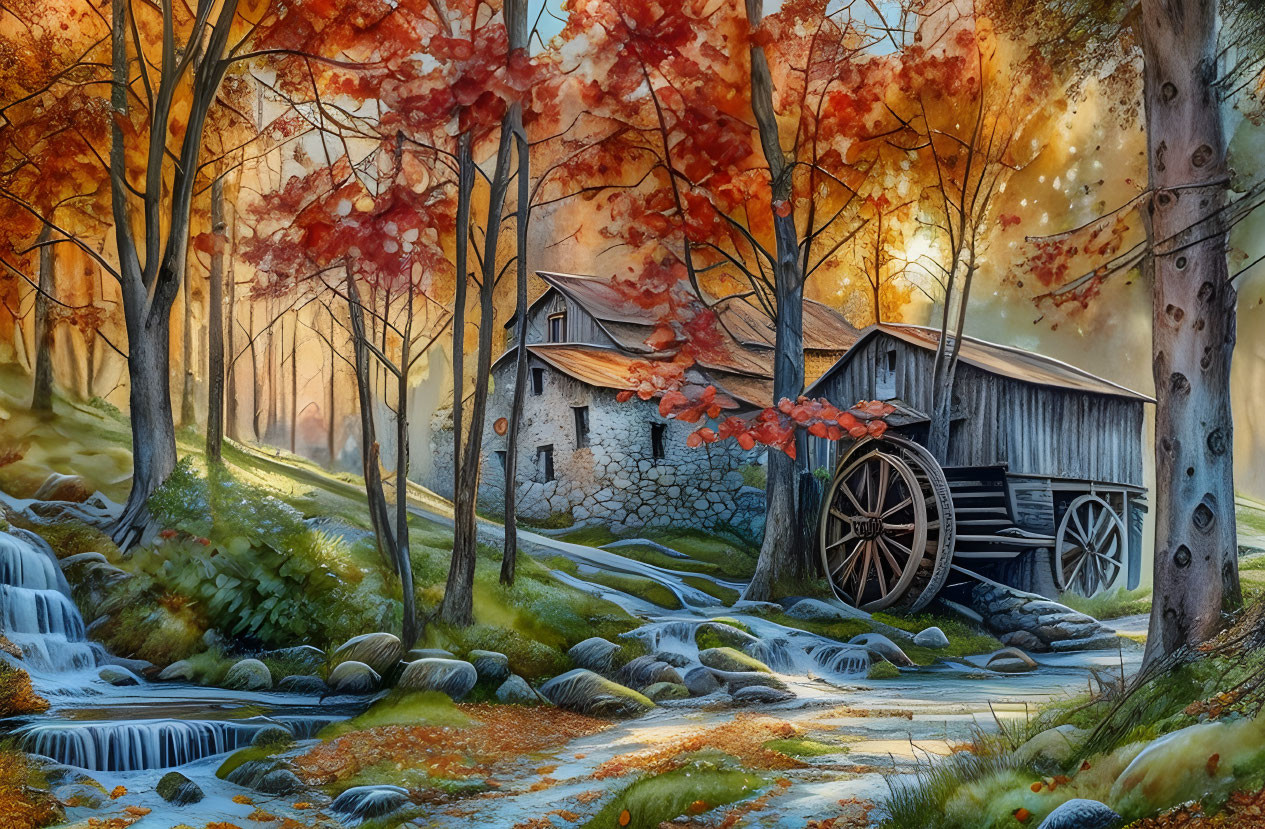 Stone cottage by autumn waterwheel in forest with stream.