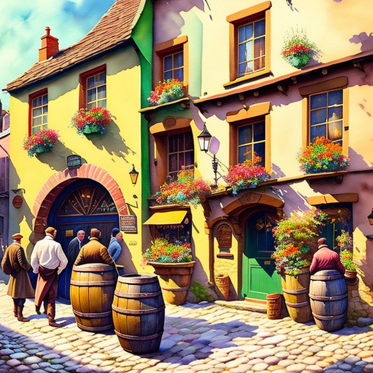 Charming cobblestone street with colorful buildings and people chatting