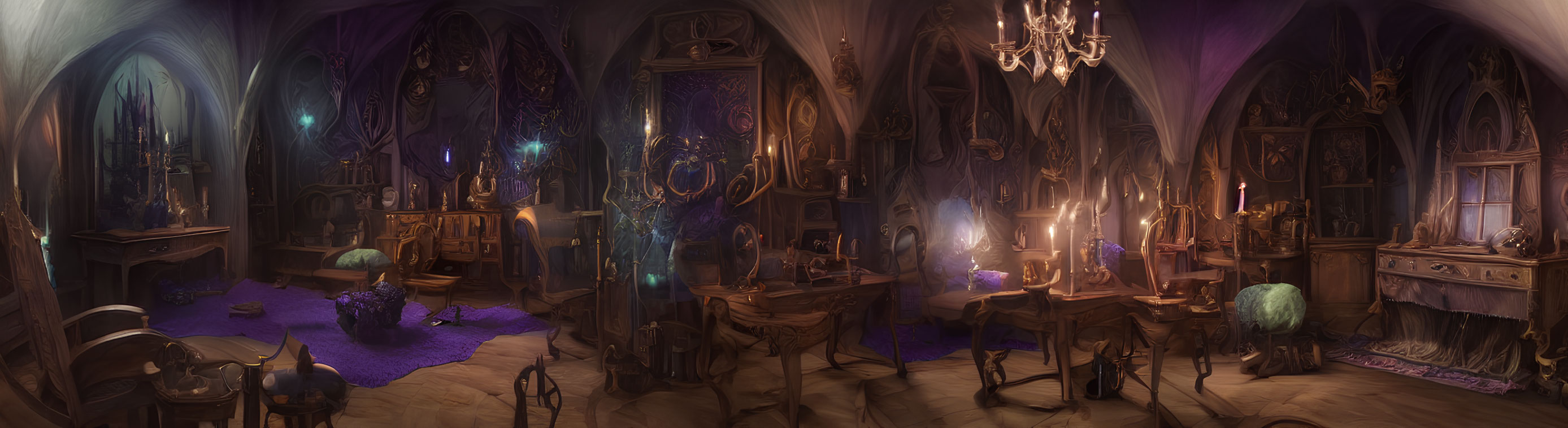 Mystical room with magical artifacts, glowing orbs, books, candles, and ritual table
