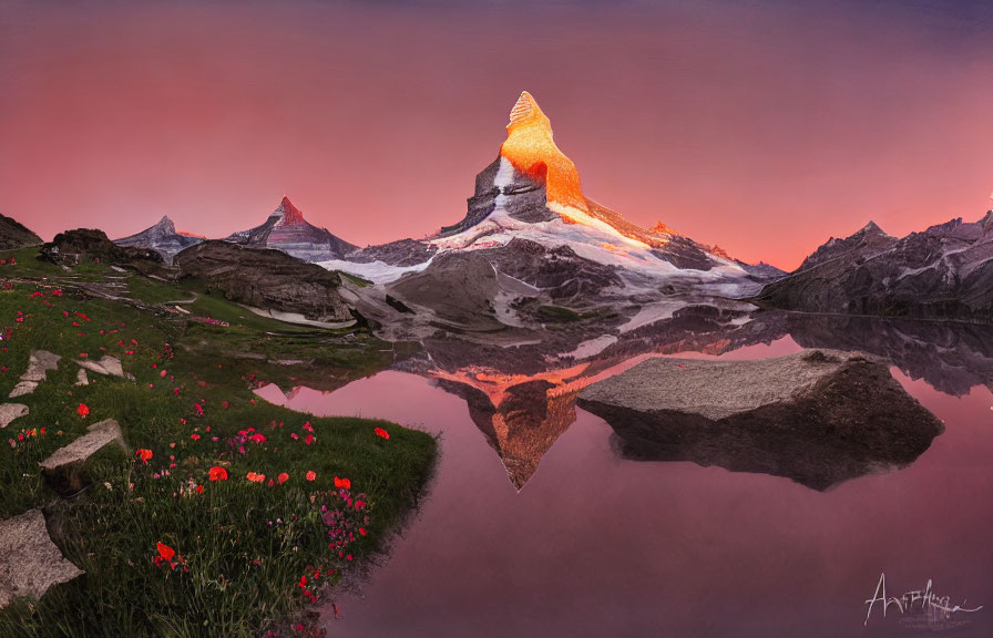 Mountain Peak with Alpenglow, Flower-speckled Foreground, and Calm Lake