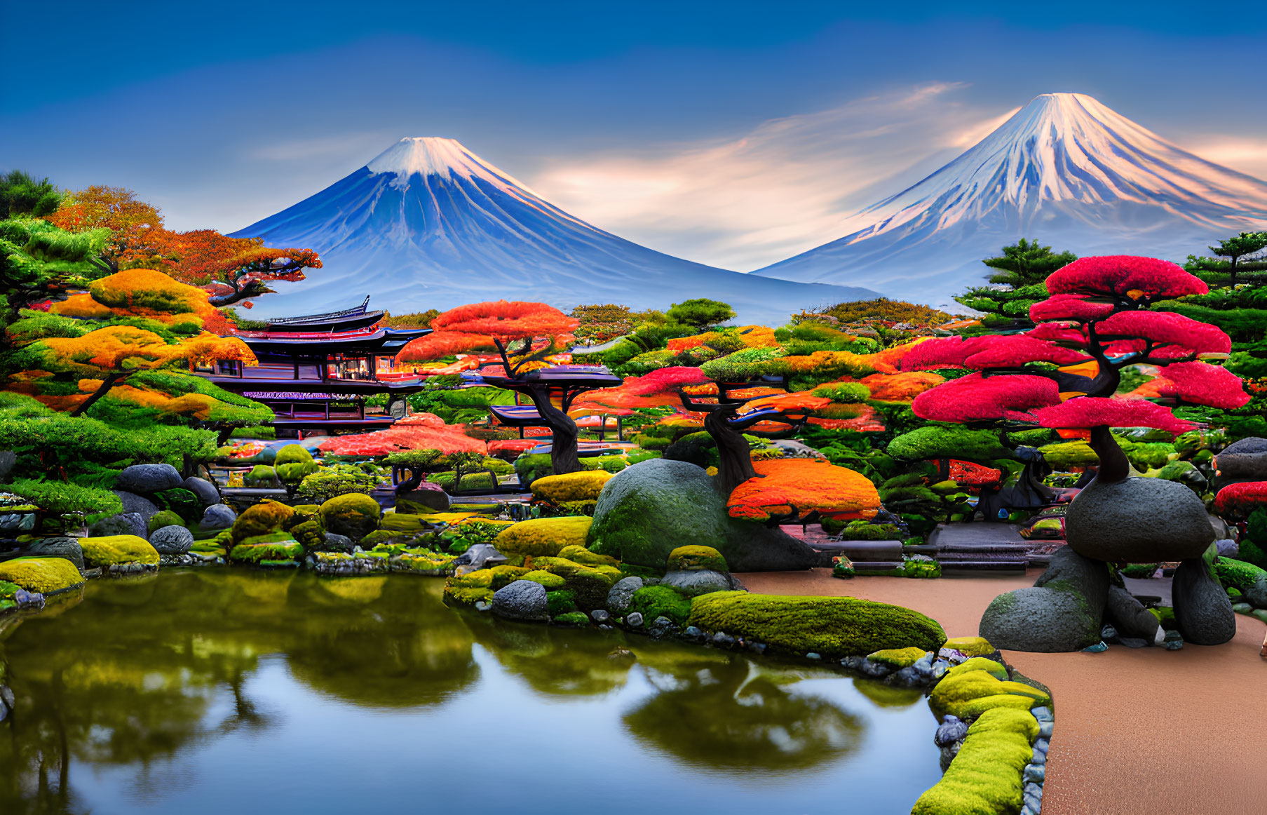 Japanese garden with colorful foliage, tranquil pond, and Mount Fuji twins.