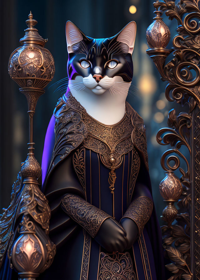 Regal Cat in Intricate Armor Beside Ornate Metalwork