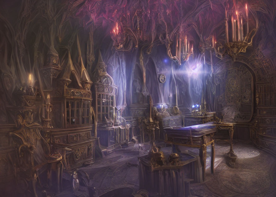 Enchanting chamber with magical books, glowing orbs, candles, wooden furniture, and mystical symbols under