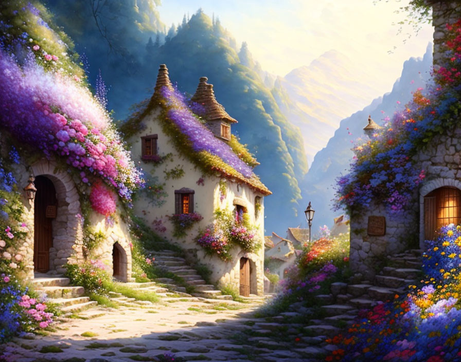 Scenic village street with stone houses and vibrant flowers