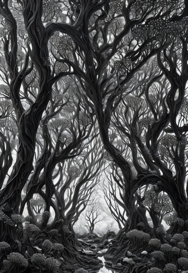 Monochrome illustration of dense, intricate forest with twisting trees