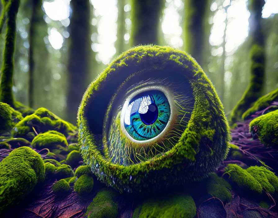 Colorful Human Eye Over Mossy Forest Floor - Surreal Nature Fusion